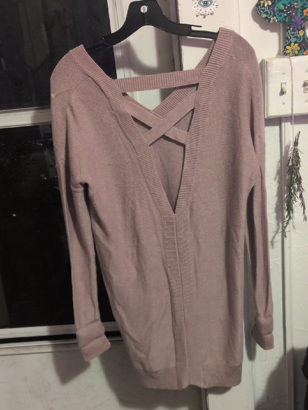 Off-the-Shoulder Crisscross Back Sweater - Mauve Pink